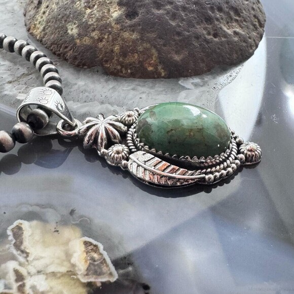 Sterling Southwestern Style Oval Turquoise leaves Decorated Pendant For Women - Picture 3 of 10